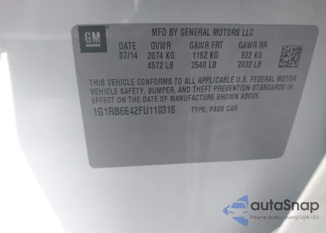 2015 Chevrolet Volt из США, поврежденный, VIN 1G1RB6E42FU110316